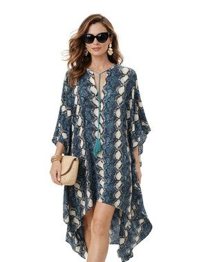 Green White Snake Print High-Low Resort Leisure Beach Dress Tassel Womens S/M